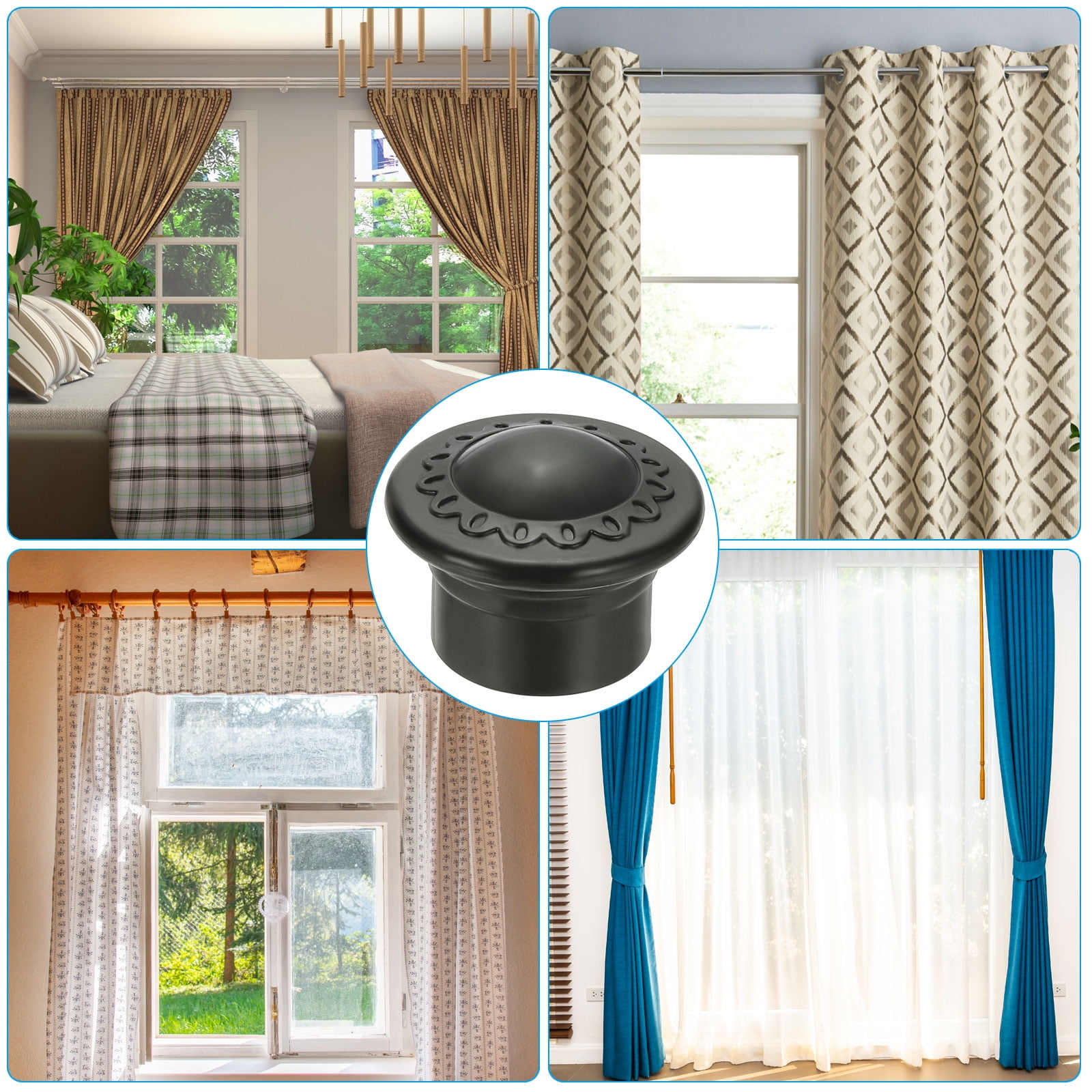 Unique Bargains Curtain Rod End Plastic Drapery Rail Pole Head Cap Modern Black