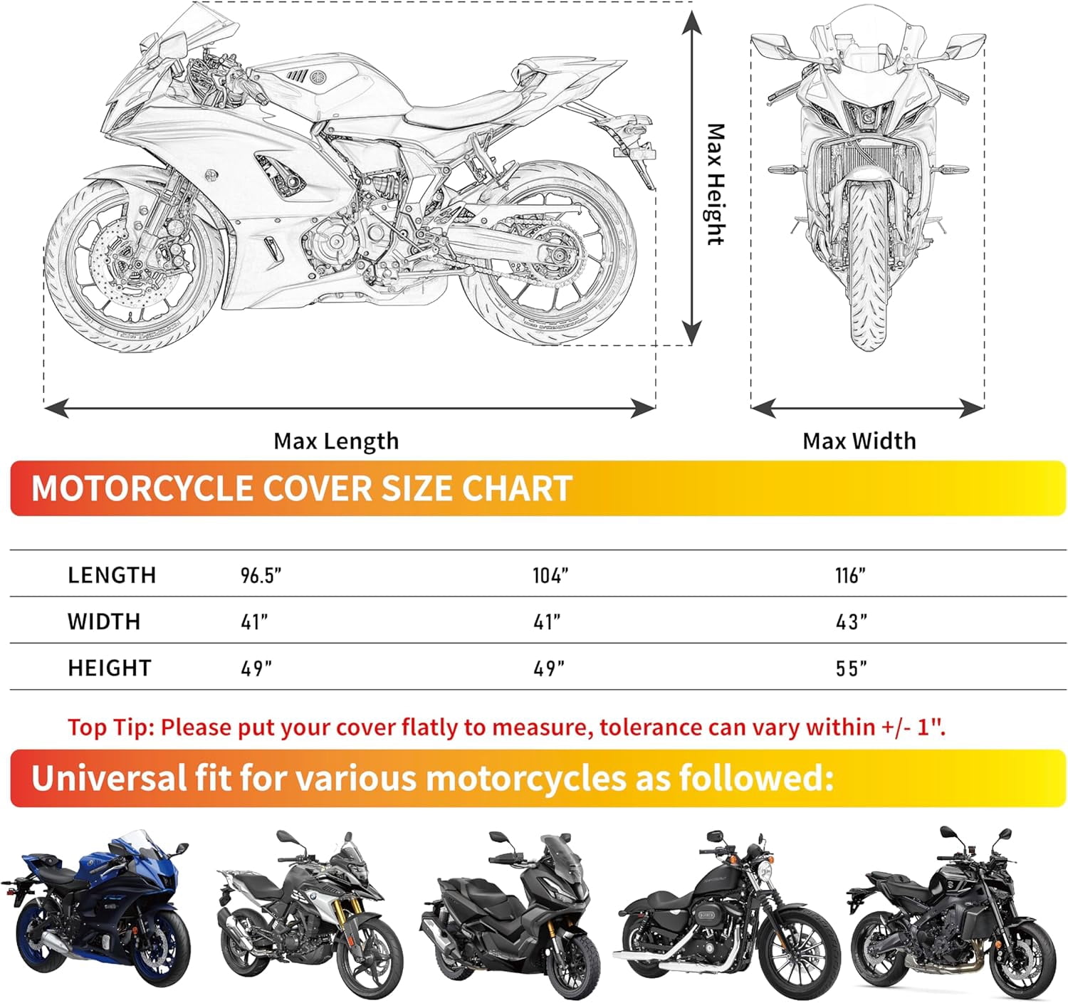 Motorcycle Cover Waterproof Outdoor Universal Heavy Duty Weather Durable Quality Waterproof Sun Outdoor Protection Scooter Shelter Tear Proof Fits up to 104" Motorcycles Bike Vehicle
