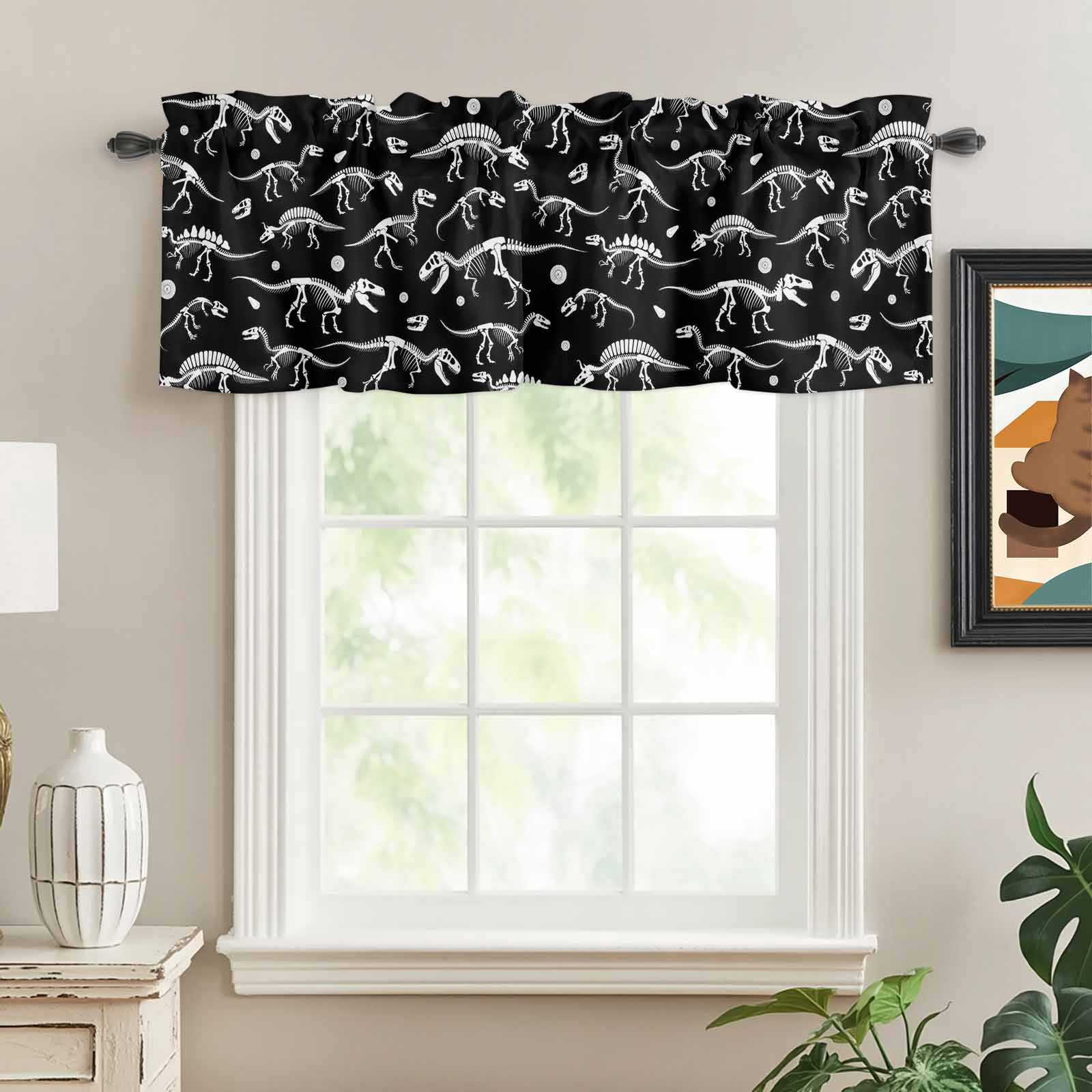 Halloween Dinosaur Black Kitchen Valances for Windows, Funny Dino Skull Boys Girls Children Bathroom Window Valances 60x18 Inch Window Treatments Valance Curtains for Living Room Bedroom Decor