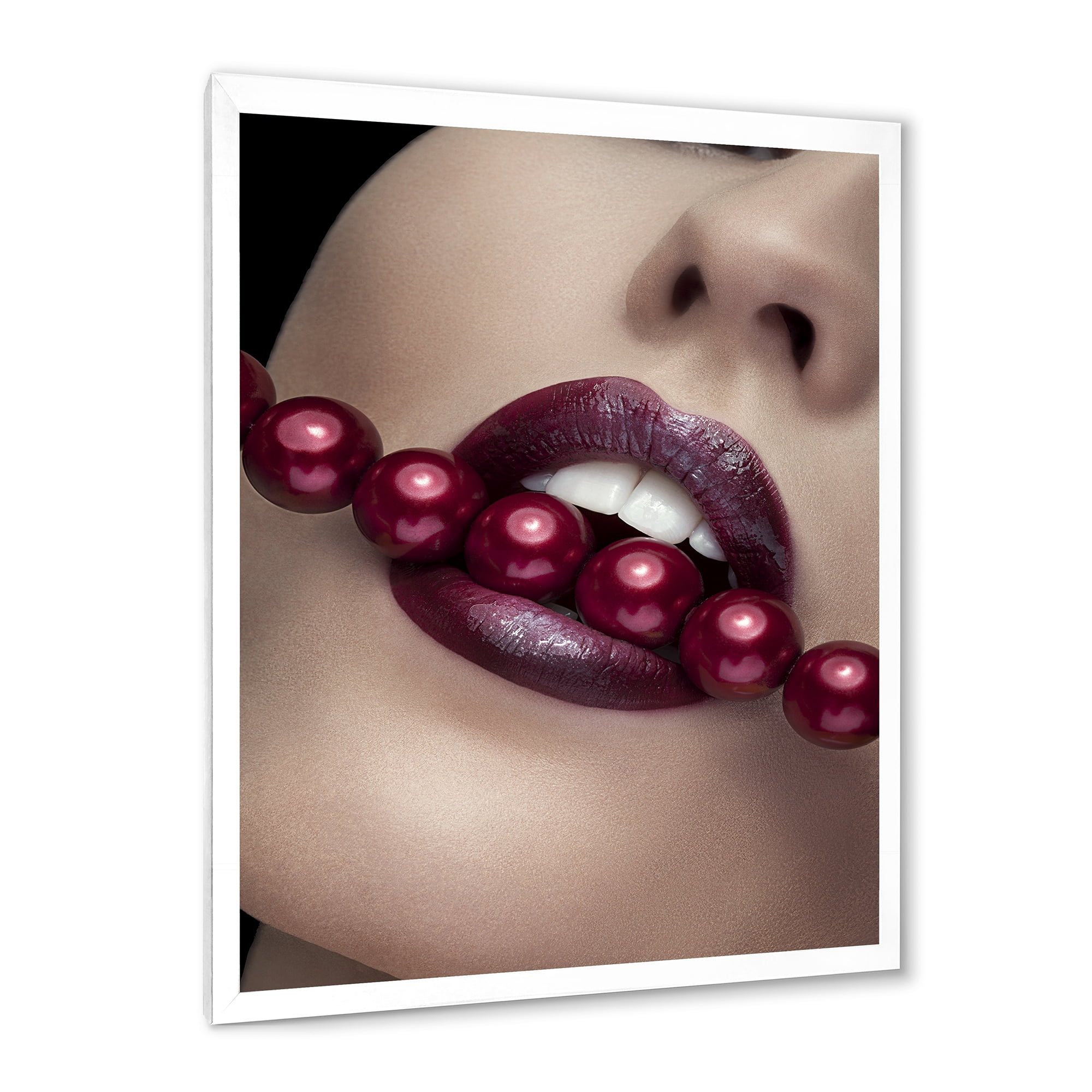 Designart 'Girl Bitting With Red Lips With Red Pearls' Modern Framed Art Print