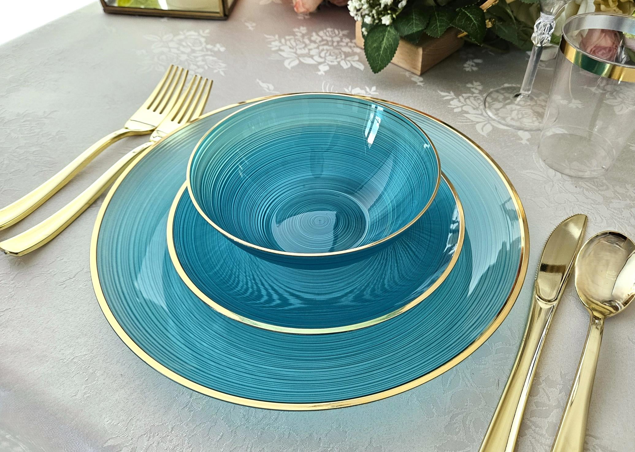 " OCCASIONS " 120 Plates Pack,(60 Guests) Premium Wedding Party Disposable Plastic Plates Set -60 x 10'' Dinner + 60 x 7'' Salad / Dessert (Belize, Aqua & Gold)