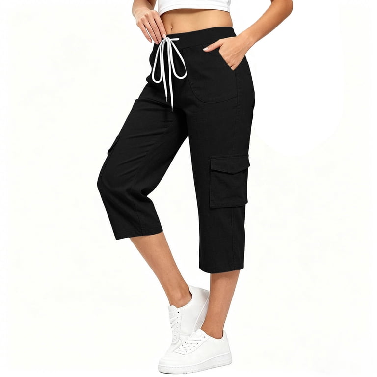 Ihhxva Cotton Linen Cargo Pants for Women 3/4 Length Relaxed Fit