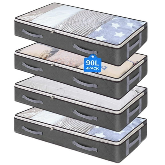 90L Under Bed Storage Containers, Closet Organizers and Storage Bins, Foldable Underbed Storage Bags for Blanket, Clothing, Comforter, Sweaters, Pillows, Linen Sheets, Wrapping Paper(4Pack,Grey)