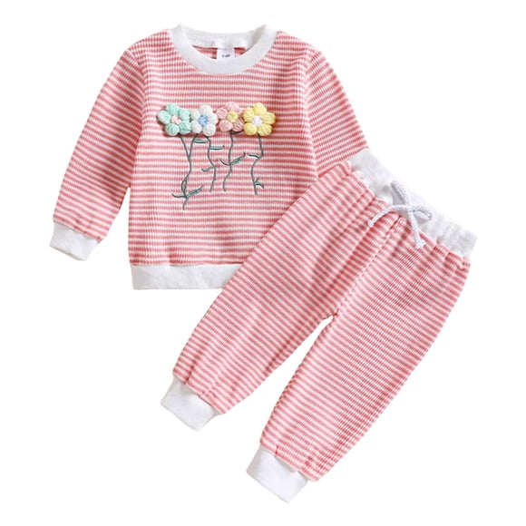 BOBOGOJP Toddler Clothes For Girls Baby 3D Flower Fall Winter Outfits Stripes Waffle Sweatshirt Pullover Cute Pants Set (Pink, 12-18 Months)