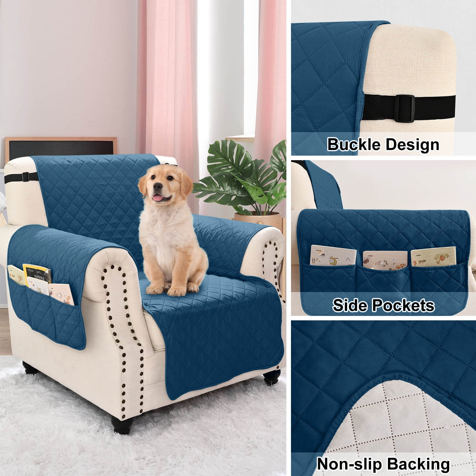 Sanmadrola Recliner Chair Cover Reversible Small Recliner Slipcover for Dogs Seat Width to 25 Inch Washable Couch Cover with Elastic Straps for Kids and Pets(Small Recliner, Blue Green)