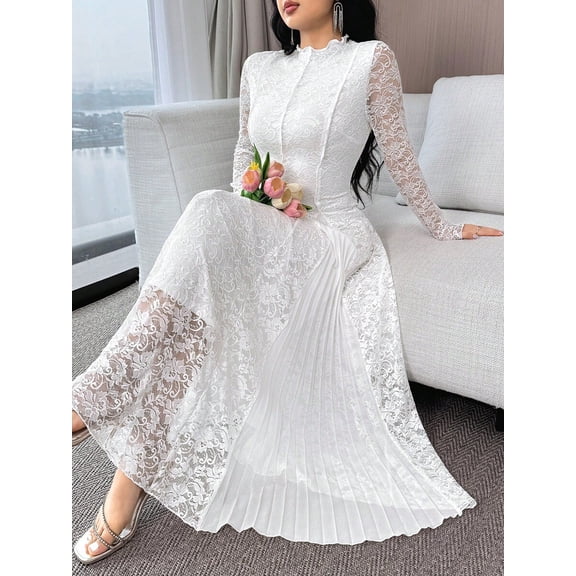 Womens White Floral Lace Stand Collar Long Sleeve Elegant Maxi Dress