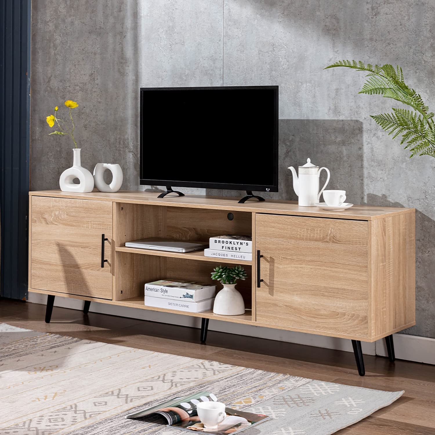  AUXSOUL 70 Inch Mid Century Modern TV Stand for 75 Inch TV,  Wood TV Stand with Storage, Entertainment Center for Living Room Bedroom,  TV Media Console, Oak : Home & Kitchen