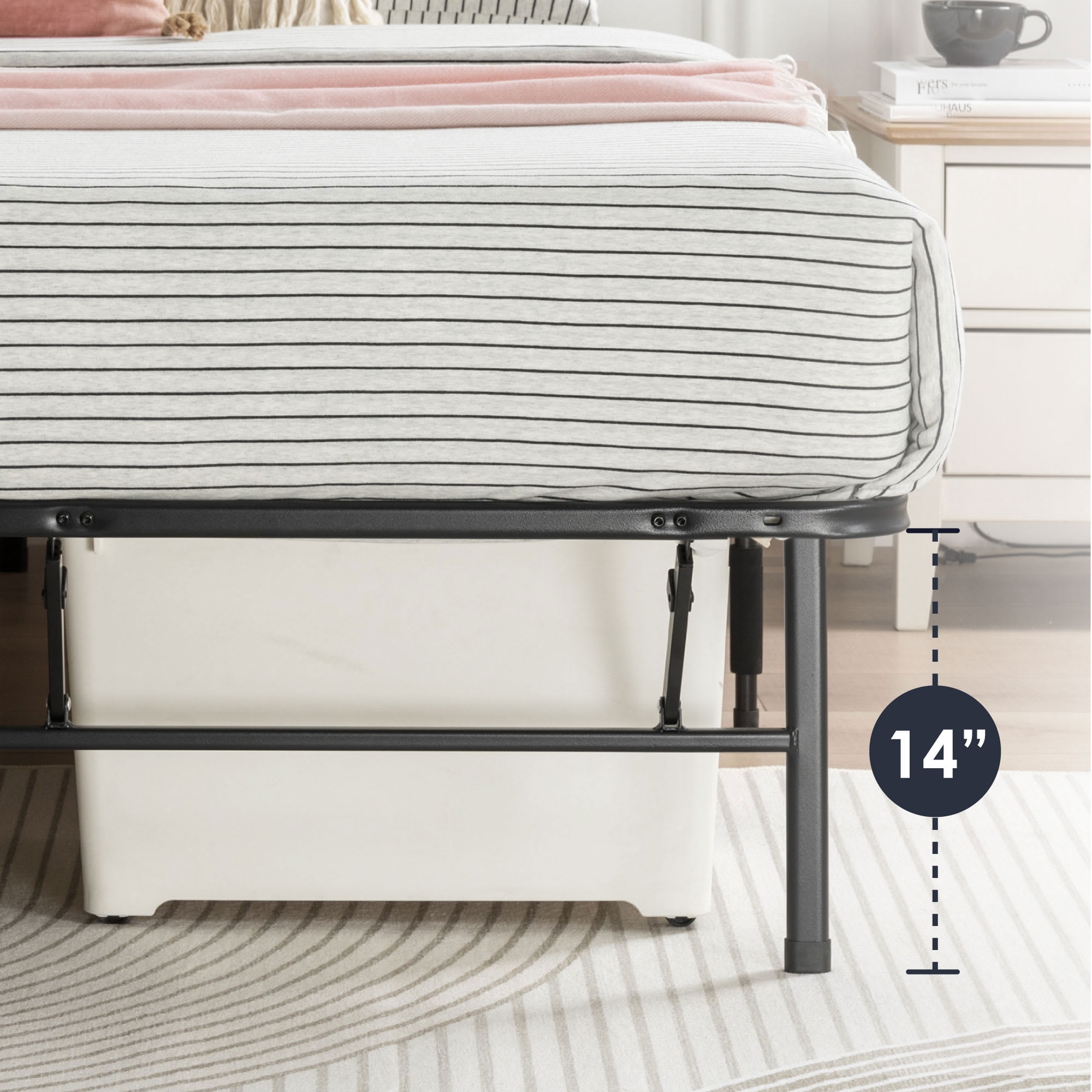 Mellow 14 Inch Quickbase Foldable Metal Platform Bed Frame, Wood Slats, Black, Queen