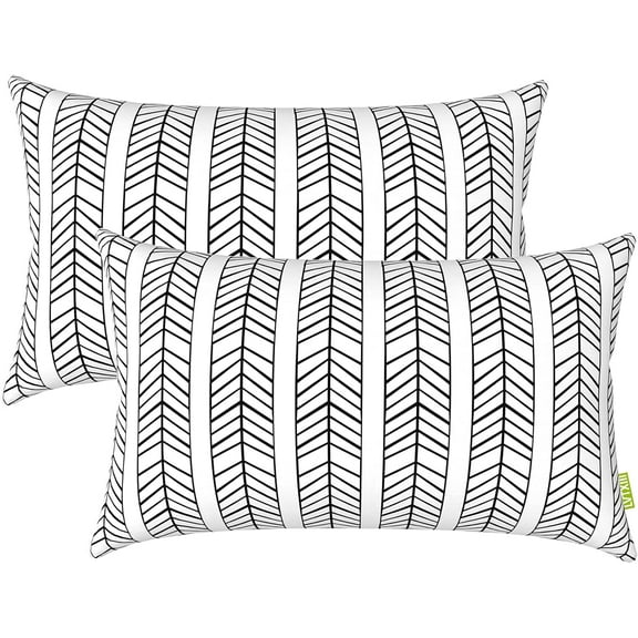 Outdoor Pillow Covers 12” x 20” Patio Lumbar Pillwo Cases Decorative Throw Pillowcase Shell for Couch Garden Furniture Use, Herringbone Black White, 2 Pack
