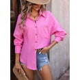 thumbnail image 2 of Womens Button Down Shirts Long Sleeve Oversized Boyfriend Blouses Collared Tops with Pockets Rose Red M, 2 of 8