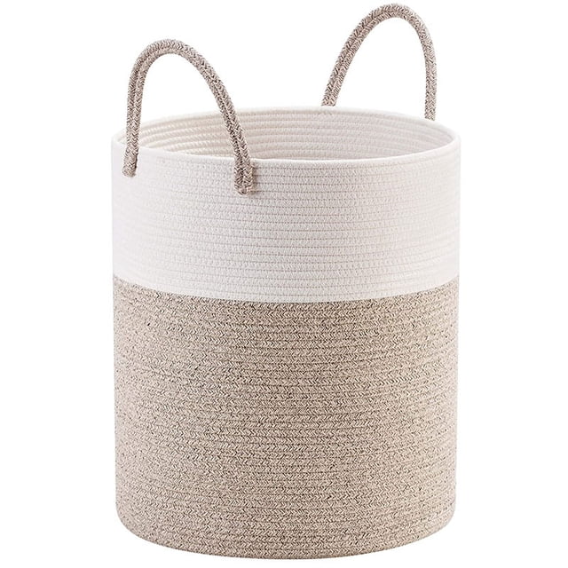 Cesto de ropa sucia grande, cesta de almacenamiento de cuerda tejida alta para mantas, juguetes, ropa sucia en la sala de estar, baño, dormitorio, blanco y marrón
