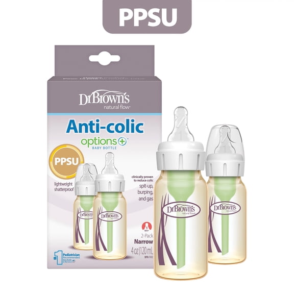 Dr. Brown's Anti-Colic Options Narrow PPSU Baby Bottle with Level 1 Nipple Slow Flow Nipples, Durable and Lightweight, BPA-Free, 4 oz/120 mL, 2-Pack