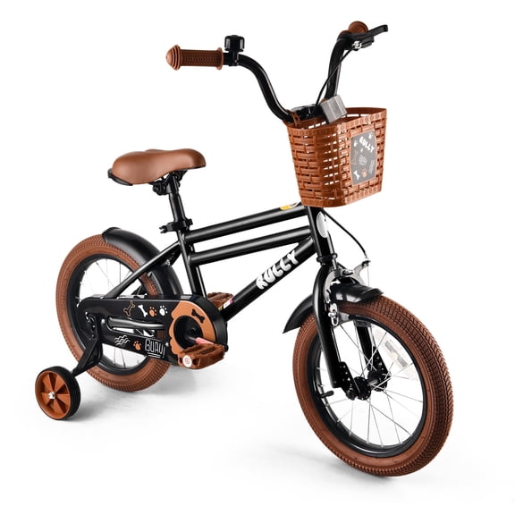 Rully 14 inch Boys Bike with Training Wheels, Kids Bicycle with Coaster and Hand Brake, Basket, Steel Frame, Ages 3-5, Black