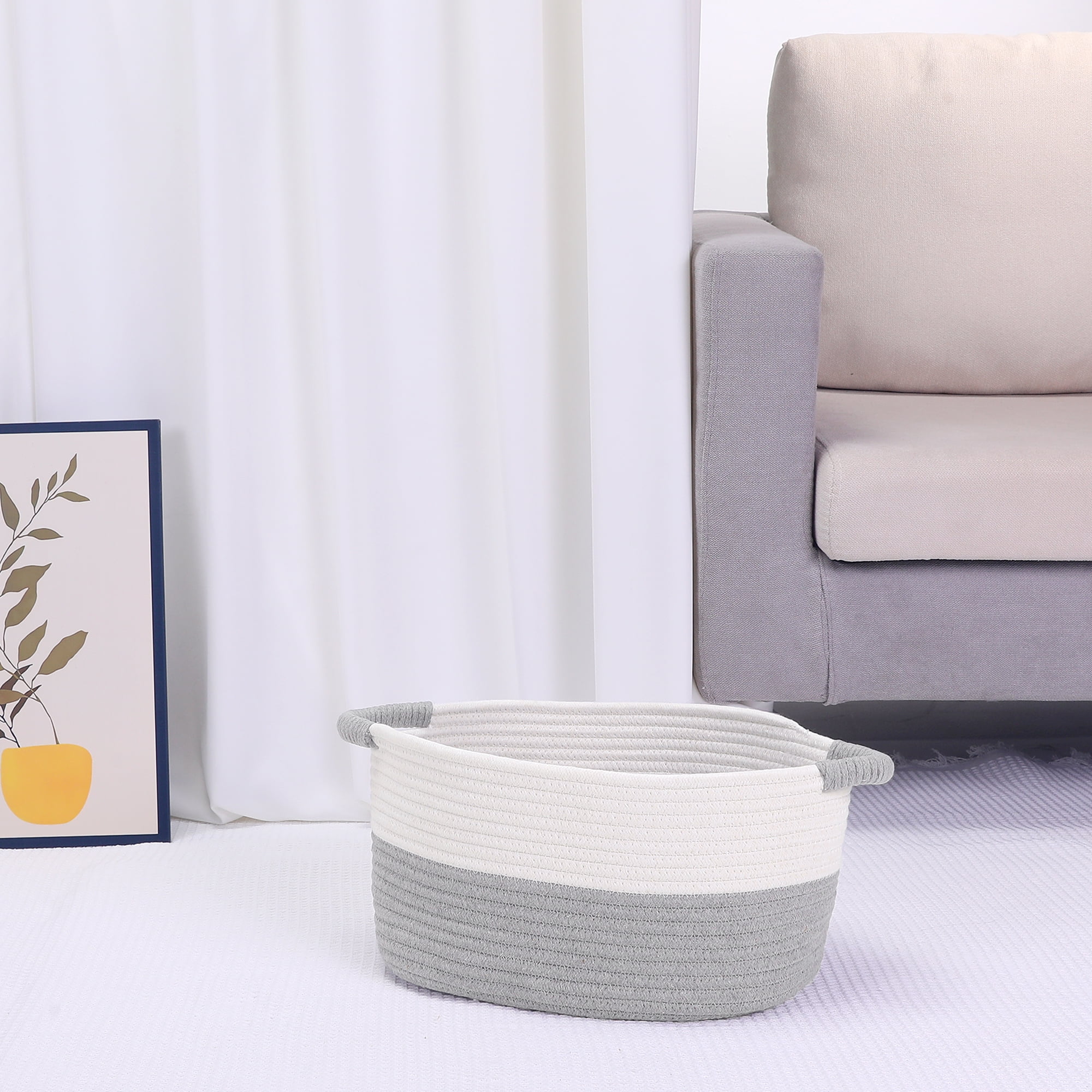 REGALWOVEN Woven Storage Basket with Handles, Shelf Closet Storage Bin White/Grey 13*9.5*7in