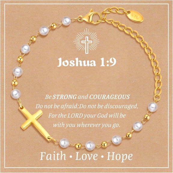 18k Gold Plated Delicate Simulated Pearl Cross Bracelets Birthday First Communion Confirmation Gifts Christian Jewelry for Boys Girls