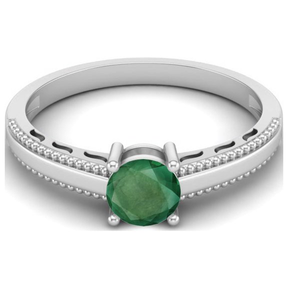 925 Sterling Silver 0.50 Cts Round Emerald Solitaire Beaded Shank Anniversary Women Valentines Day Gifts Ring