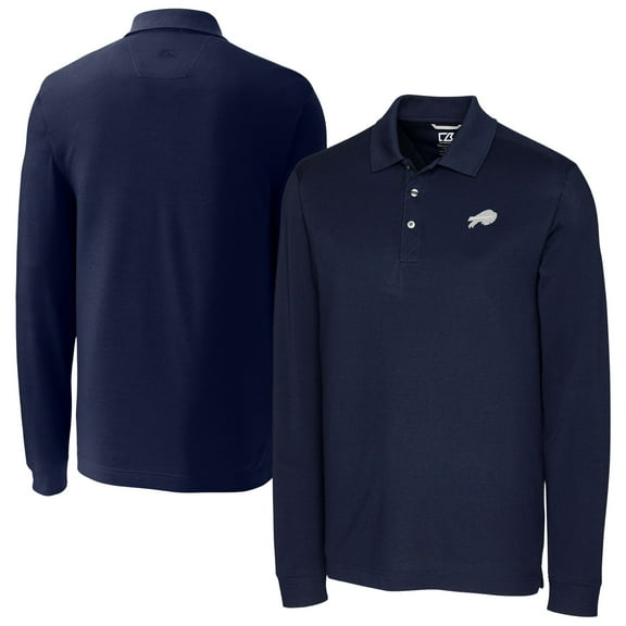 Men's Cutter & Buck Navy Buffalo Bills Big & Tall Advantage Eco Pique DryTec Tri-Blend Long Sleeve Polo