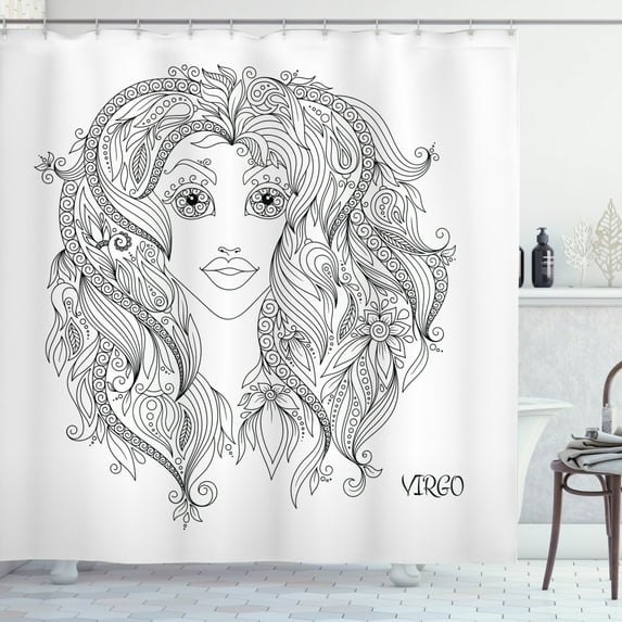 Zodiac Virgo Shower Curtain, Young Lady Portrait with Flowers Hand Drawn Line Art Woman of Virgo Sign, Fabric Bathroom Set with Hooks, 69W X 75L Inches Long, Black and White, by Ambesonne