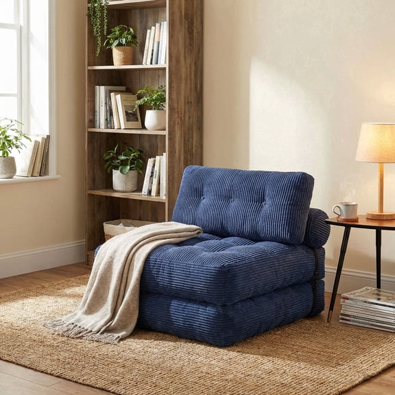 Oooh Life Convertible Floor Sofa Bed 3-in-1 Sleeper Chair with Comfortable Faux Suede, Space-Saving Guest Bed for Living Room Navy Blue