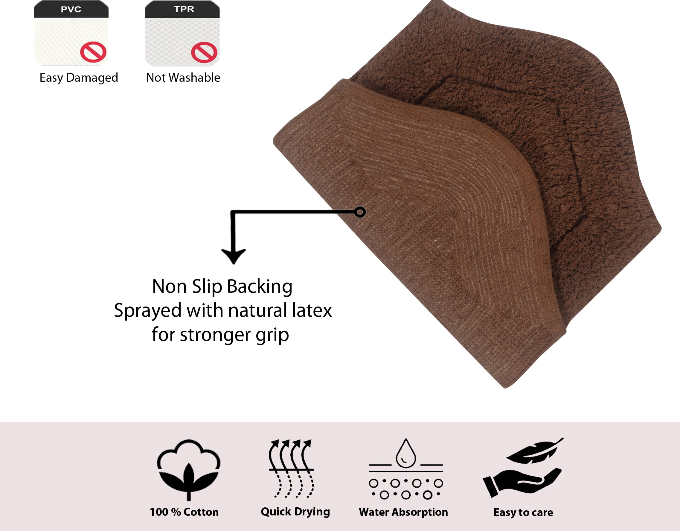 Home Weavers Waterford Collection 100% Cotton Non-Slip Bathroom Rug Set Machine Washable Bathroom Rug-17"x24", Bath Rug- 21"x34", U Shaped Contour- 20"x20", Chocolate Color 3 Piece Bath Rug set