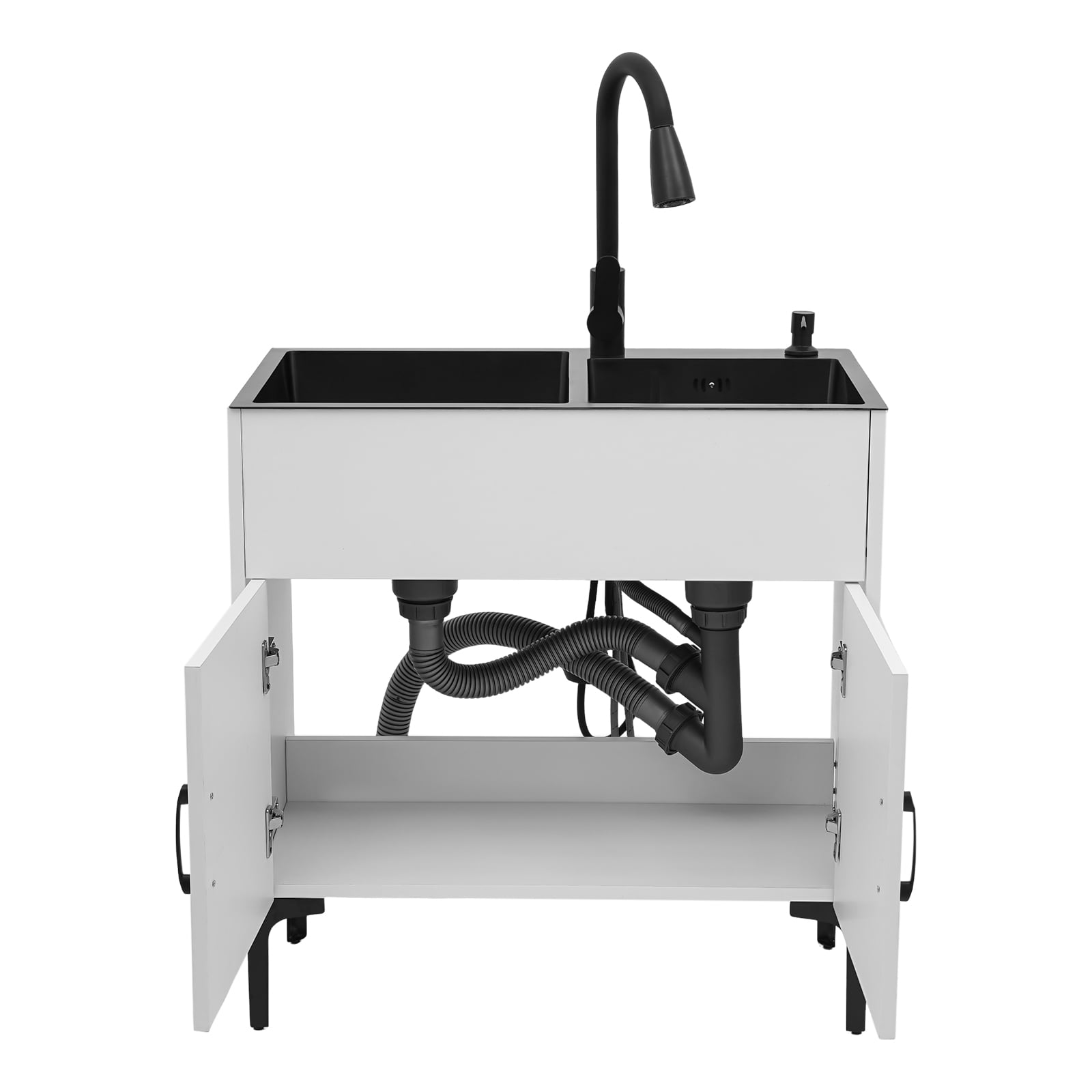 White Freestanding Double Kitchen Sink with Cabinet, Pull-Out Faucet, Soap Dispenser, Drainage Basket, 201 Stainless Steel & Wood, Black/White, 29.5"x16.1"x30.7", Easy Assembly, Complete Set