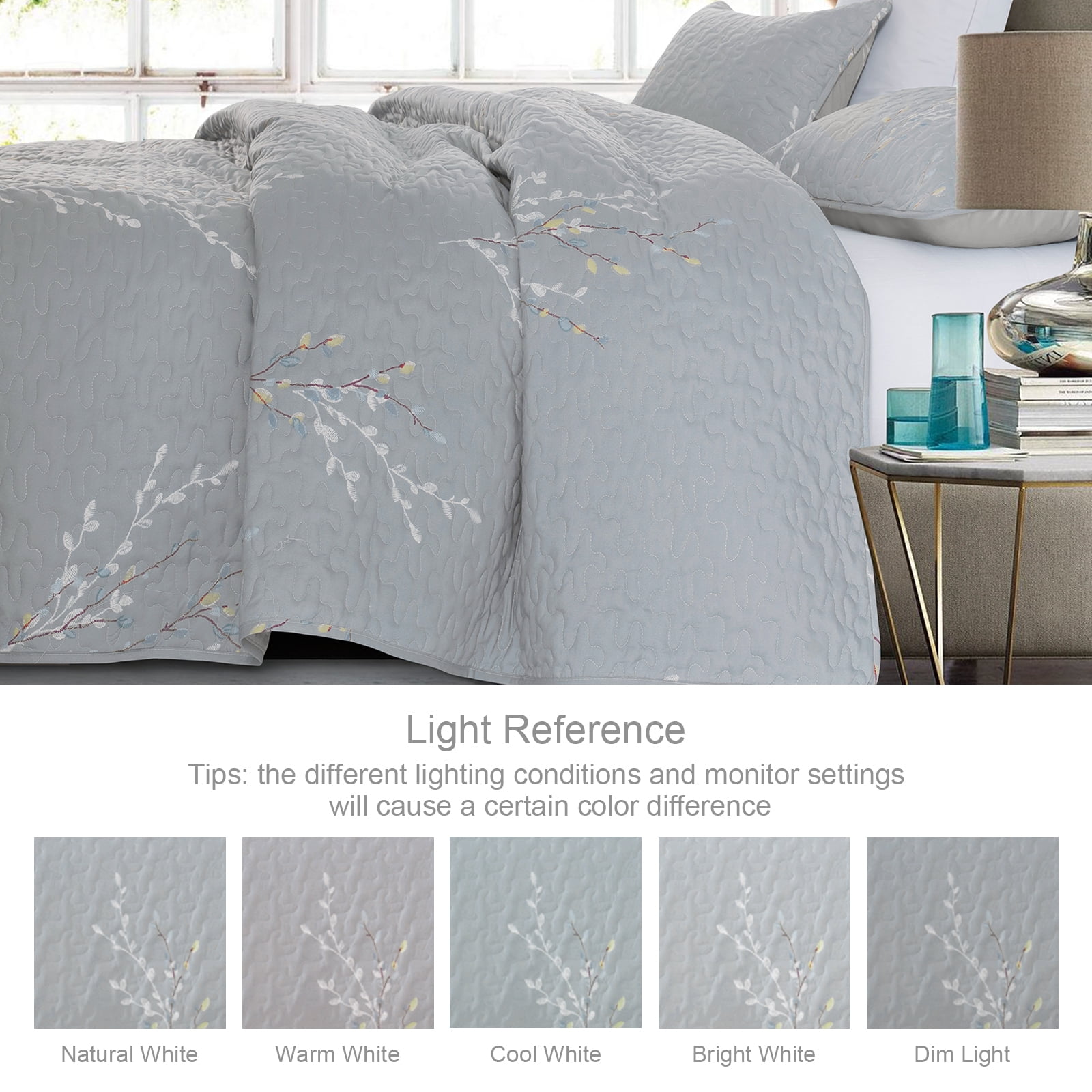 Exclusivo Mezcla Microfiber Twin Size Quilt Set, 2 Pieces Lightweight Bedspreads/ Coverlet/ Bedding Set with 1 Pillow Sham, Floral Branches Pattern (68"x 88", Gray)
