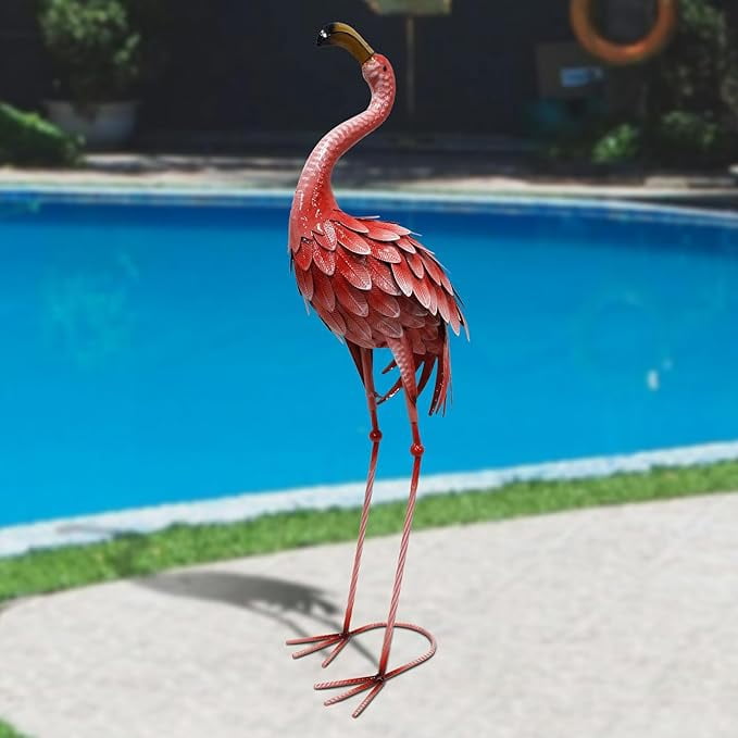 34 Inch Flamingo Garden Decor, Metal Bird Statue Yard Decor, Large Flamingo Outdoor Statues for Patio, Lawn, Backyard, Porch, Garden Sculpture & Statue, Red
