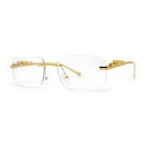 Mens Rimless Leopard Jewel Pin Arm Rectangle Eyeglasses Gold
