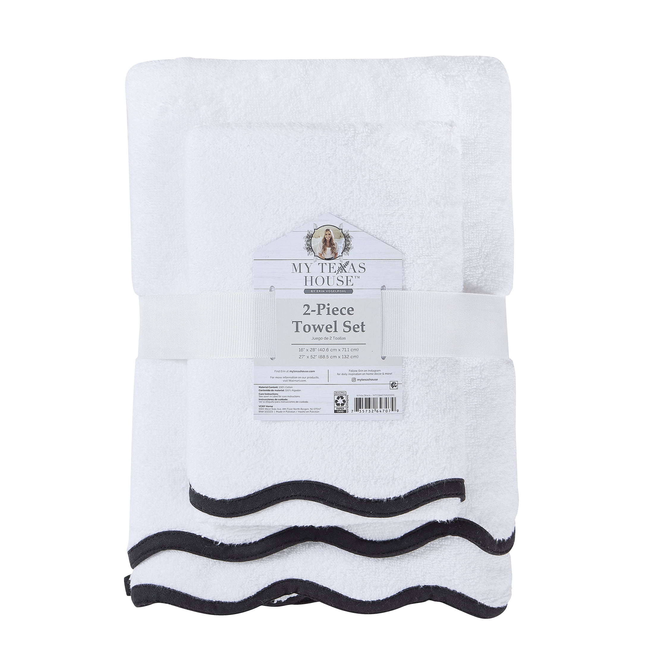 My Texas House Whitney Scallop Border Cotton Hand and Bath Towel Set, White/Black, 2 Count