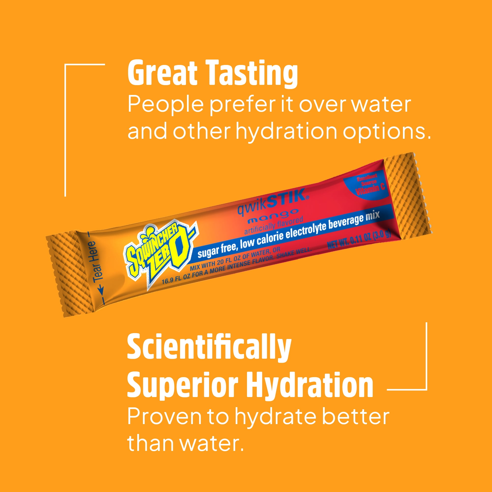 Squincher Zero Electrolyte Powder Packets Qwik Stik  Sugar Free Drink Mix, Mango, 0.11 oz, Makes 20 oz, 50 Sticks per Pack