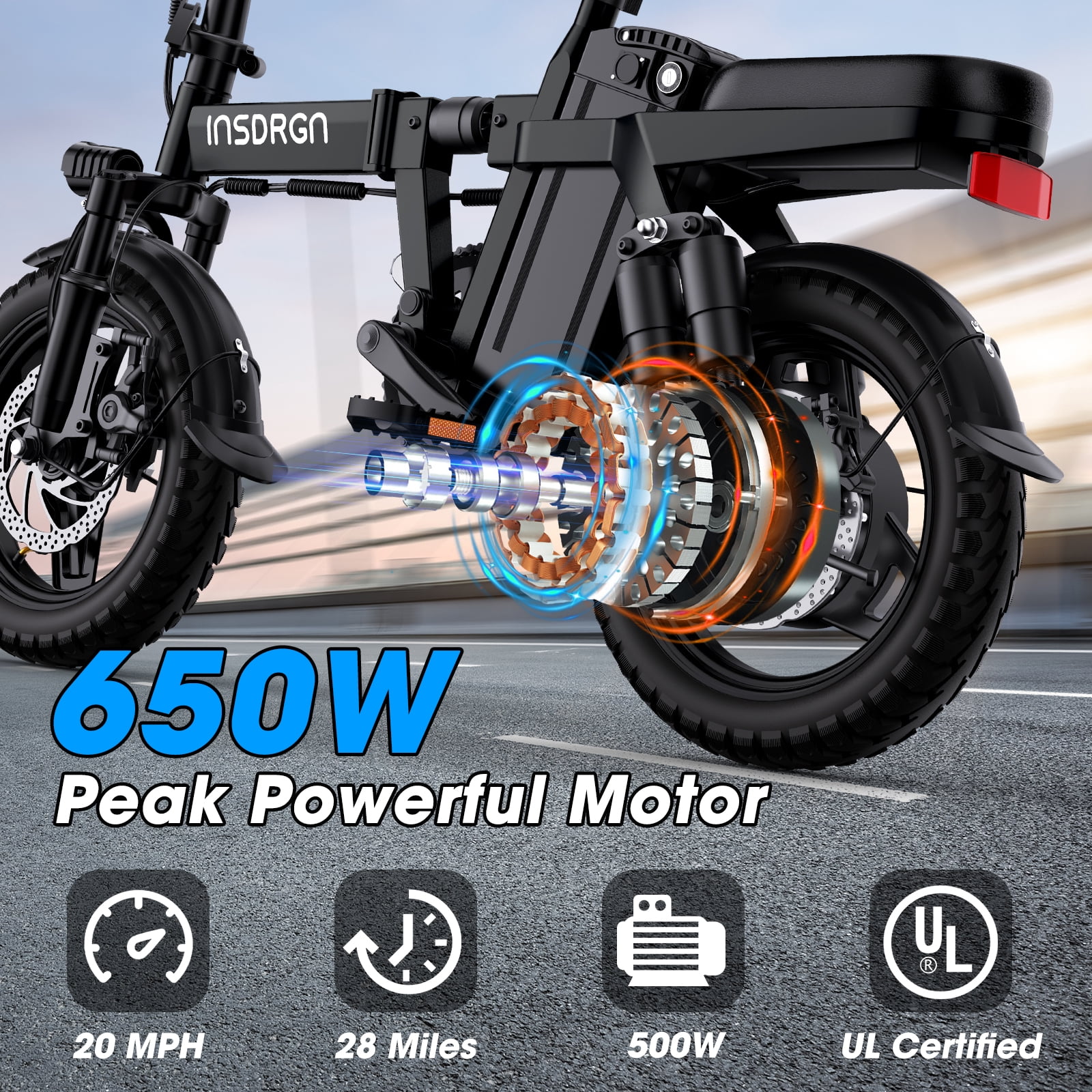 INSDRGN Electric Folding Bike for Teenager and Adults, 10.4AH 48V Battery 14" Electric Bike 500W Motor, 28 Miles Range, Mini Ebike for City Commuter, UL2849