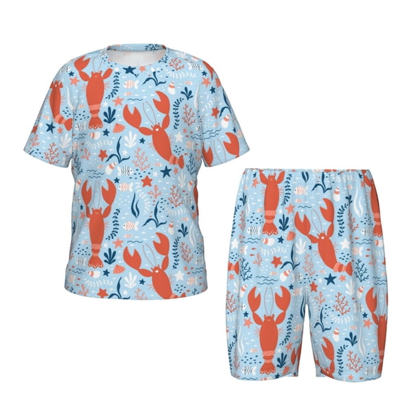 Fotbe Lobsters Pijama Estampada de 2 Piezas para Niños – Ropa de Dormir de Manga Corta Cómoda para Niños y Niñas, Camiseta y Shorts de Algodón-Small
