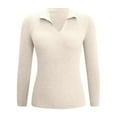 thumbnail image 5 of Plus Size Women's Ribbed Knit Polo Shirt Slim Fit Stretchy Long Sleeve V Neck Lapel Solid Color Sweater Lightweight Casual Office Tops Beige L, 5 of 5