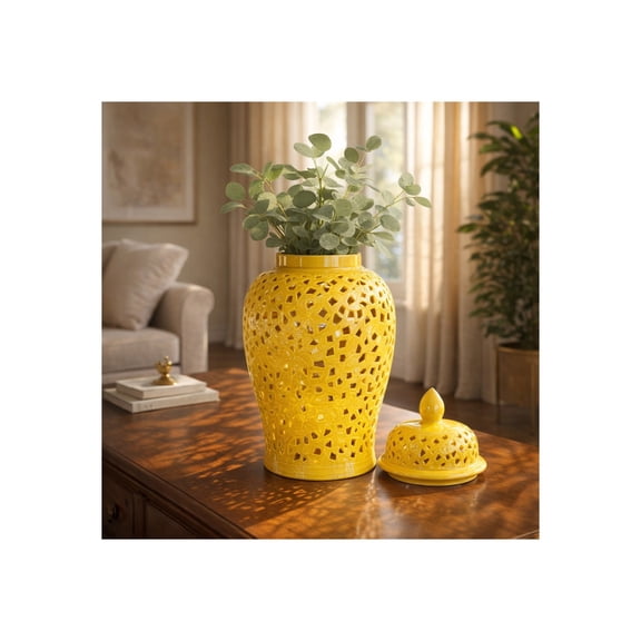Sculptural Ceramic Jar for Living Room Decor - Modern Home Display with Openwork Detail - Decorative Flower Vase Accent for Room, Bedroom, House, Office, and Table Interior Styling - 24", Yellow