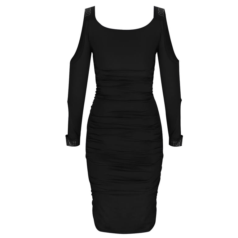 JNGSA Plus Size Fall Dresses,Women's Cold Shoulder Dress Faux Diamond Decor  Pleated V-Neck Dress Long Sleeve Wrap Bodycon Midi Dress for Party Black -  Walmart.com