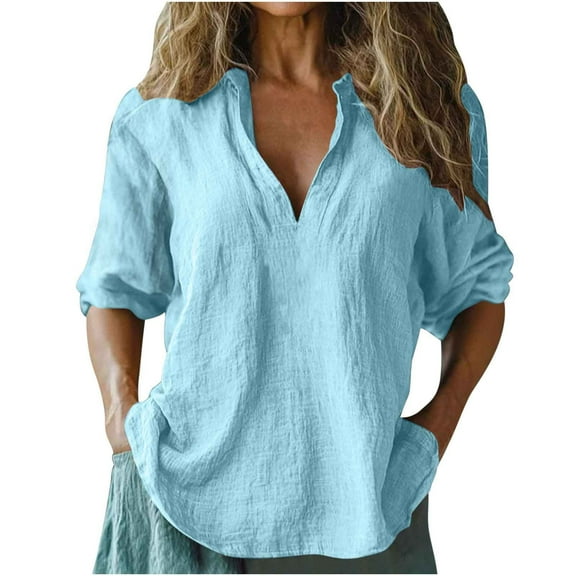 Fmbrln Womens Summer Linen 3/4 Sleeve Tops Casual V Neck Solid Color Shirts Vacation Beach Blouse Blue XL