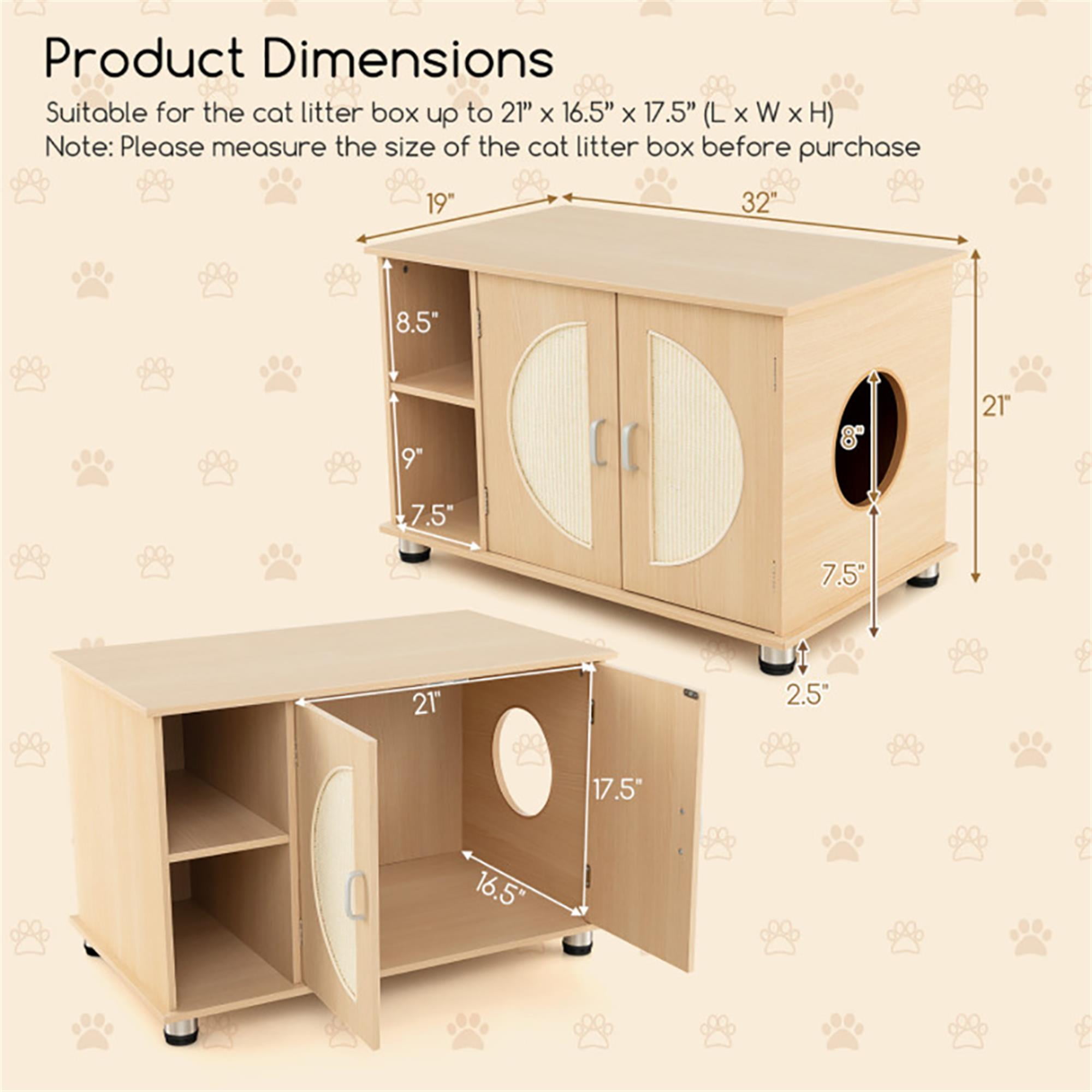 Kadyn 32" Wood Cat Litter Box Enclosure Furniture with Sisal Scratching Doors, Adjustable Metal Feet Cat Washroom Storage, Beige