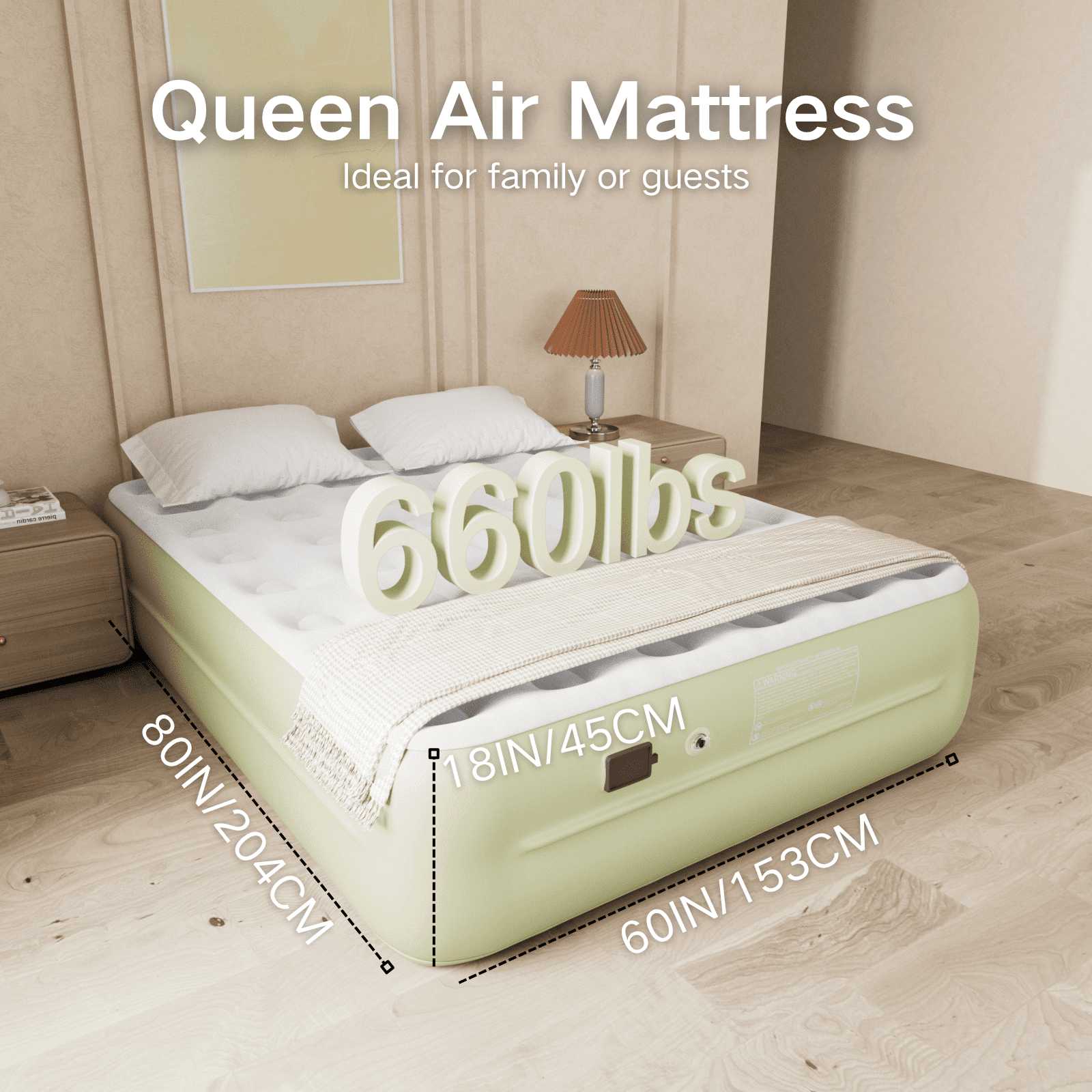 Luxury Queen Air Mattress with Built-In Battery Pump,Heavy-Duty Waterproof Veltex Surface for Indoor/Outdoor Use,Portable Inflatable Camping Bed & Guest Bed(Green)