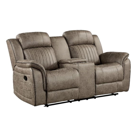 Bento 74 Inch Manual Recliner Loveseat- Console- Sandy Brown Microfiber