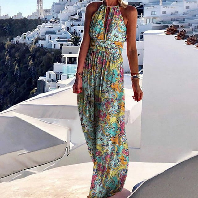 SMihono Robe Maxi Bohème d'Été pour Femmes Grande Taille, Robe Maxi Sans Manches à Col Licou pour Femmes, Robe Longue Décontractée pour Dames de Style Ethnique à Imprimé, Dos Nu, Taille Haute, Robe de Plage Évasée