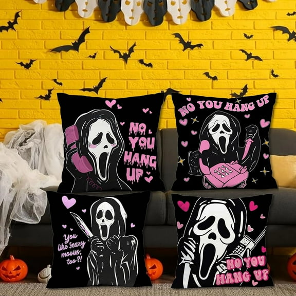 "No You Hang Up" Pink Ghost Scary Face Throw Pillow Cover 18x18inch Black Pillowcase Horror Halloween Valentine's Day Gifts Decoration for Sofa Bedroom Birthday Party Supplies