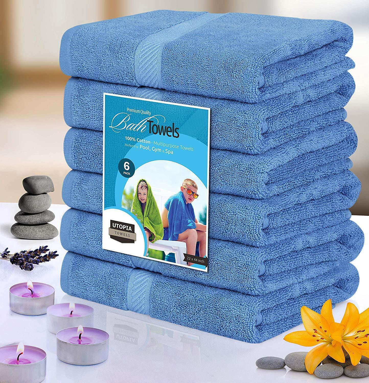 Pack 6 Cotton Bath Towels 22x44 Inch Super Absorbent  For Pool Spa