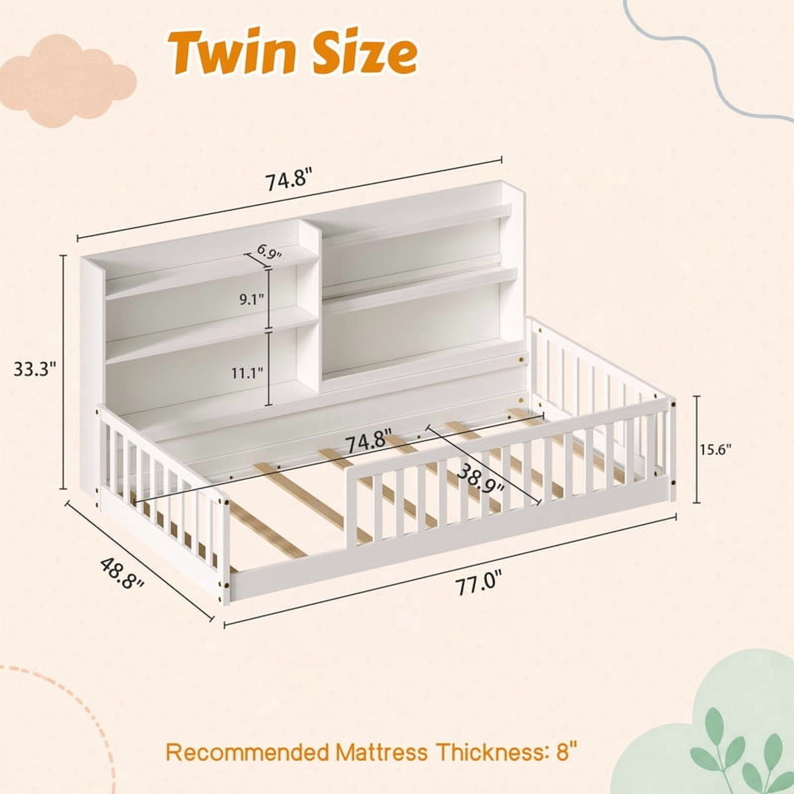 Twin Size Kids Montessori Floor Bed with Bookshelf & Safety Guardrail, Wood Low-Profile Platform Bed Frame with Slats