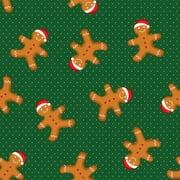 Christmas Fabric Happy Gingerbread Men with Santa Hats on Green Dots by the yard