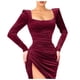 thumbnail image 1 of Gibobby Vestidos para mujer casuales Vestido de terciopelo de manga larga con cuello cuadrado para mujer Vestido dividido plisado delgado sexy(Rojo,CH), 1 of 4
