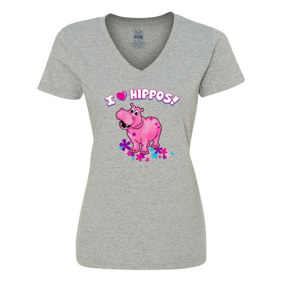 Inktastic I Love Hippos with Pink Hippo and Flowers Women's V-Neck T-Shirt