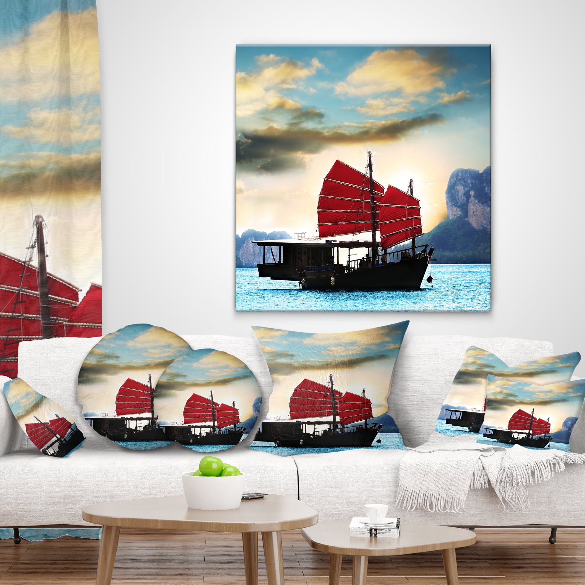 Designart Large Chinese Sailing Ship - Seashore Throw Pillow - 16x16