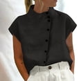 thumbnail image 2 of Womens Shirts Cotton Linen High Neck Cap Sleeve Casual Spring Summer T Shirts for Women Black M, 2 of 5
