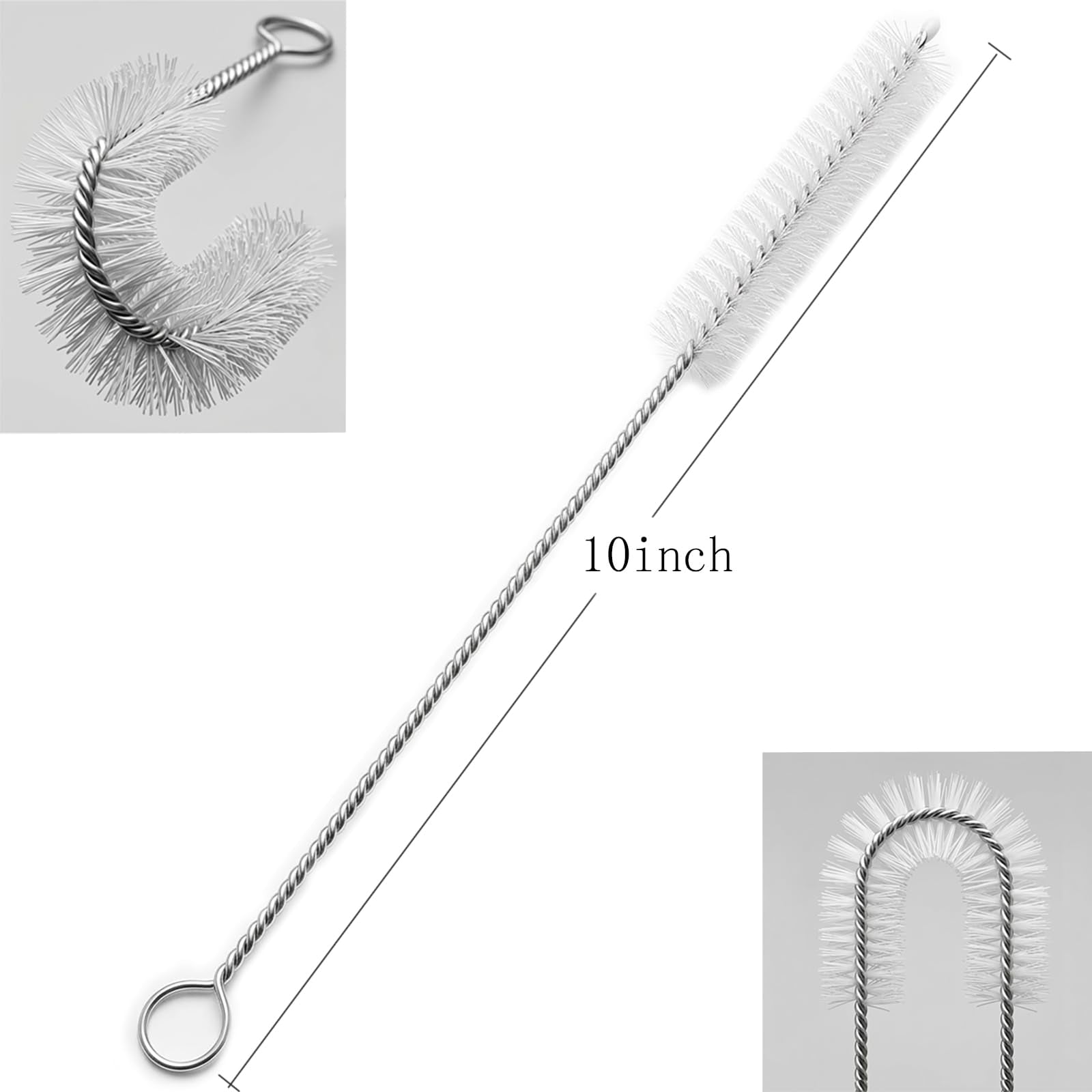 Long Straw Brush Cleaner 10 Pack, Flexible Nylon Tube Cleaning Brushes with 0.4" Bristles, Rust-Proof Stainless Steel Wire Washer for Reusable Tumblers, Sports Bottles & Pipes 10 Inch