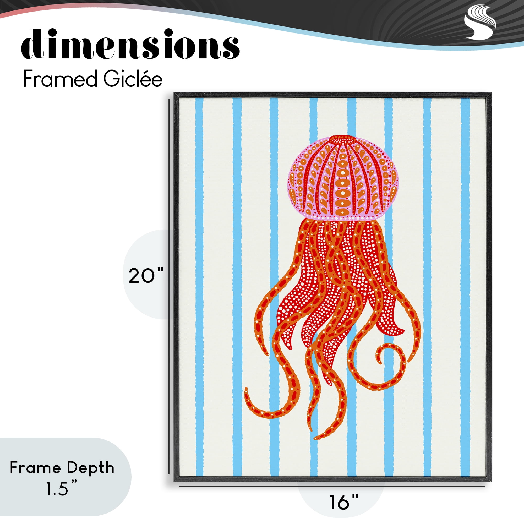 Stupell Industries Bright Aquatic Jellyfish on Stripes Black Framed Giclee Art, design by Indira Prieto | IndySign